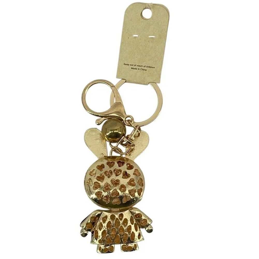 Rhinestone Bunny Rabbit Keychain Gold Red Dress Purse Charm Bag Charm